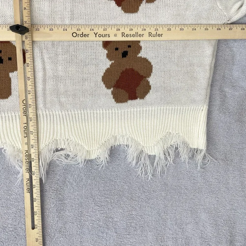 Just Polly NY Teddy Bear Sweater Women's Medium V-Neck Fray Frilly Knit - Picture 7 of 14